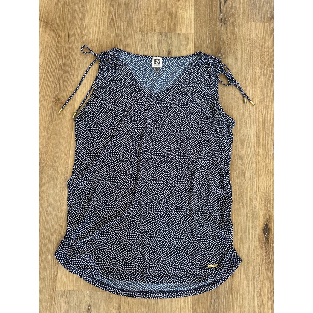 Anne Klein Minimalist Polka Dot Sleeveless Top Women 1X Navy Shoulder Ties